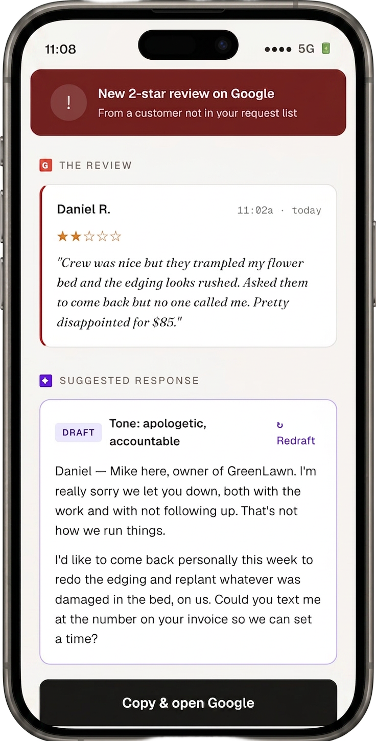 AI-drafted review response on iPhone
